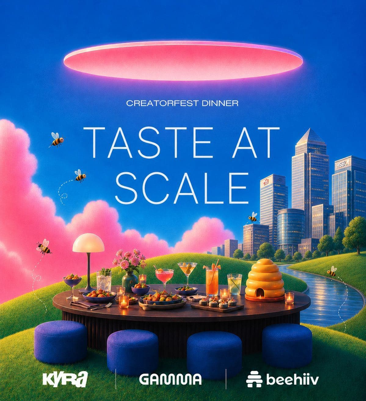 Event poster for Taste at Scale, Kyra's CreatorFest dinner with Gamma and beehiiv, July 2026