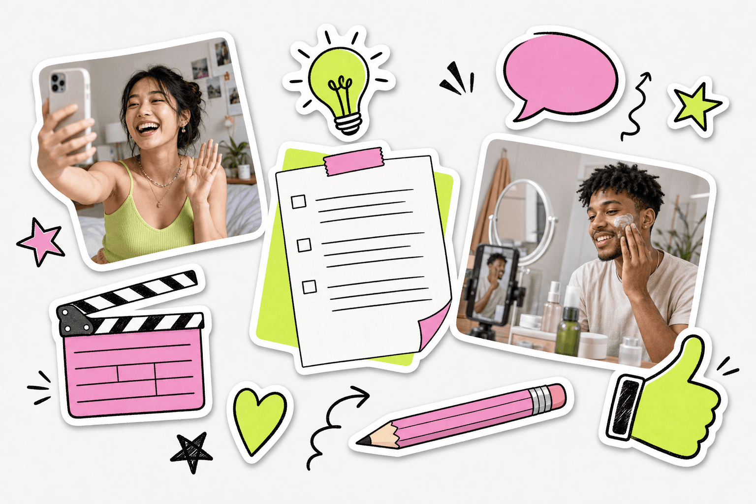 Sticker-book collage: creators filming on their phones around a one-page brief, a pencil, a lightbulb and speech bubbles