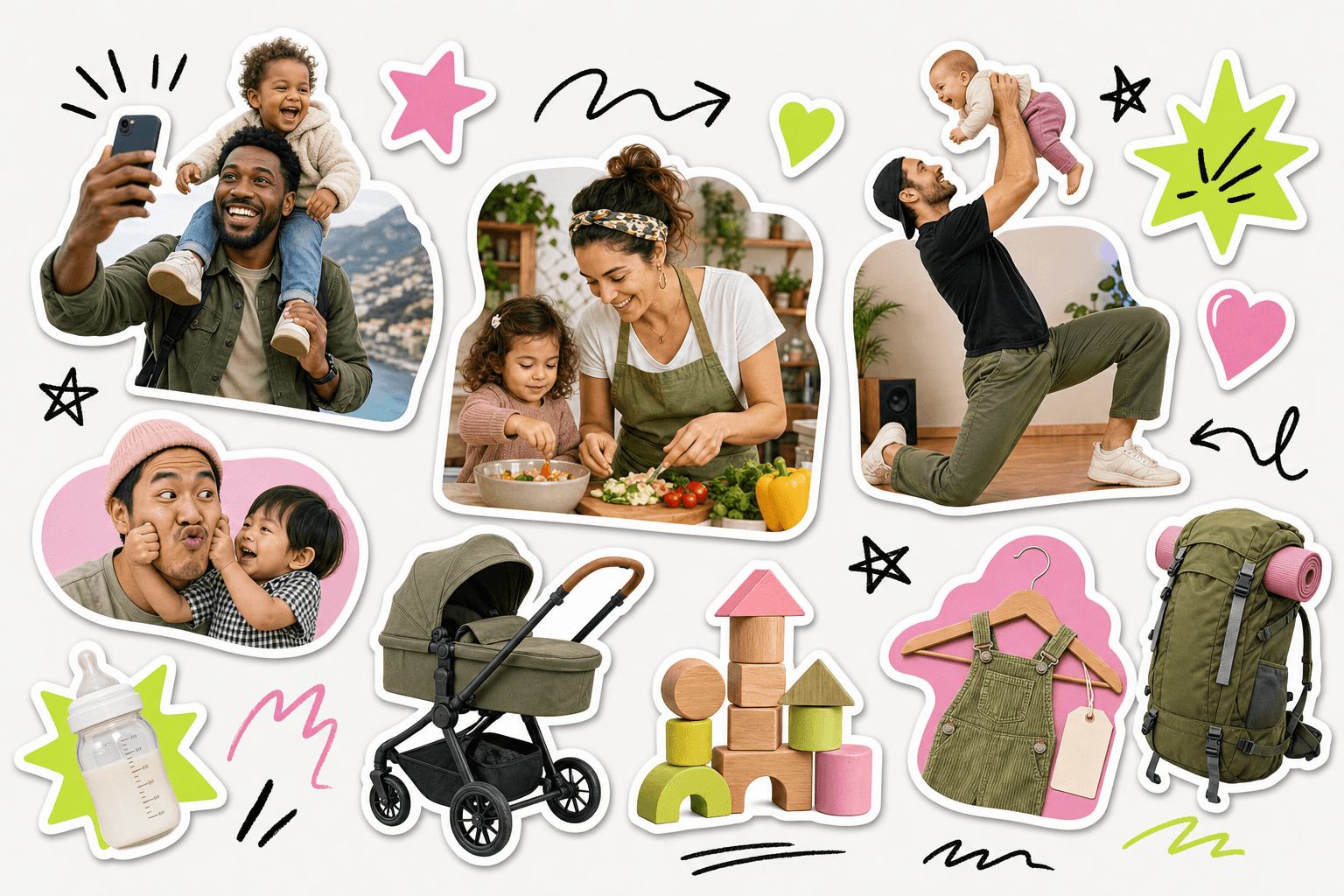 Sticker-book collage: parent creators with their children, a pram, toy blocks and a second-hand kids outfit on a hanger