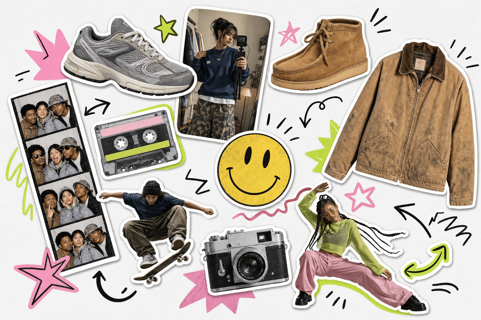 Sticker-book collage: a retro trainer, a suede boot and a workwear jacket alongside young creators, skaters and dancers