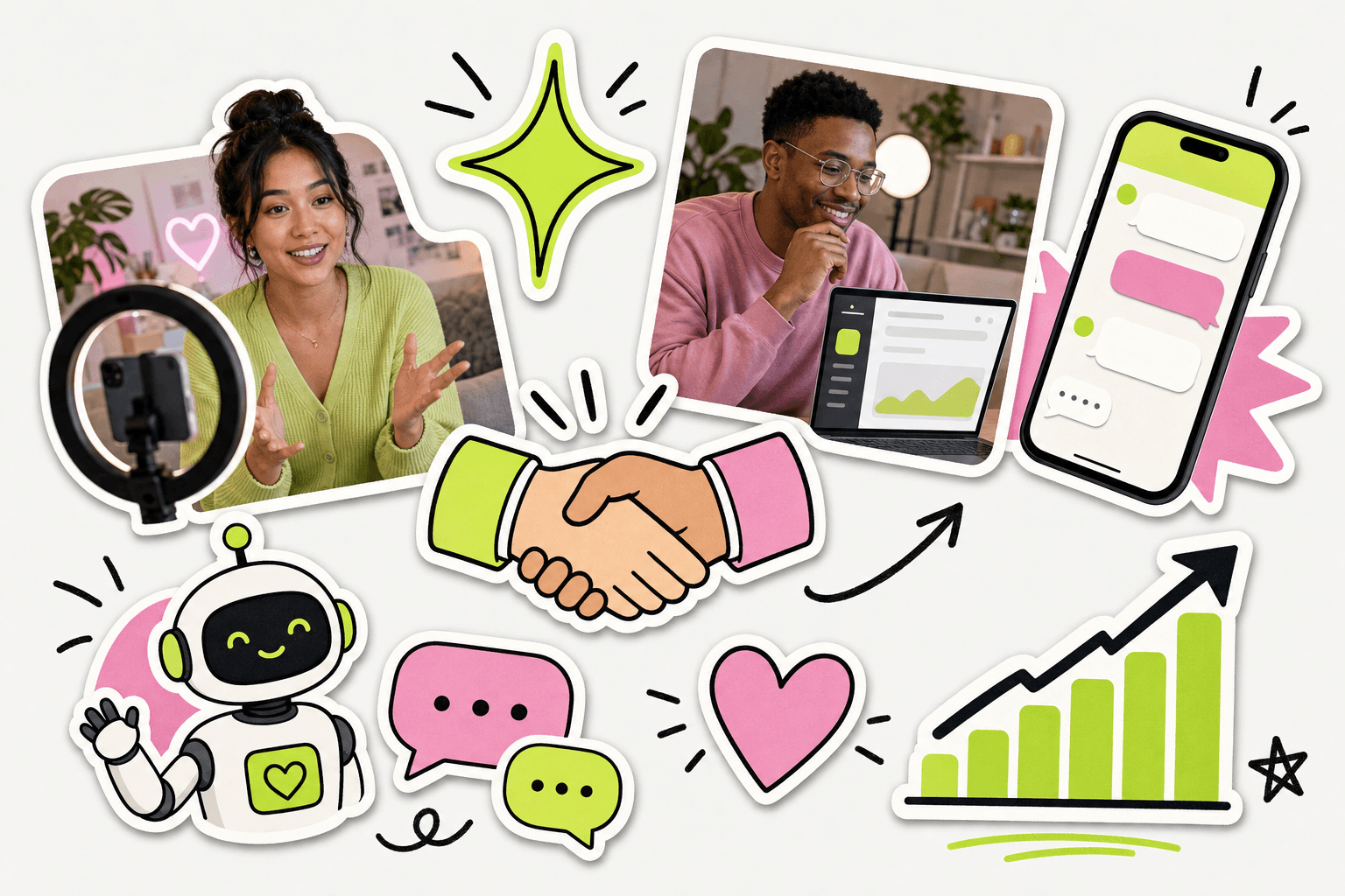 Sticker-book collage: creators talking to camera, a handshake, chat bubbles, a sparkle icon, a small robot and a rising chart